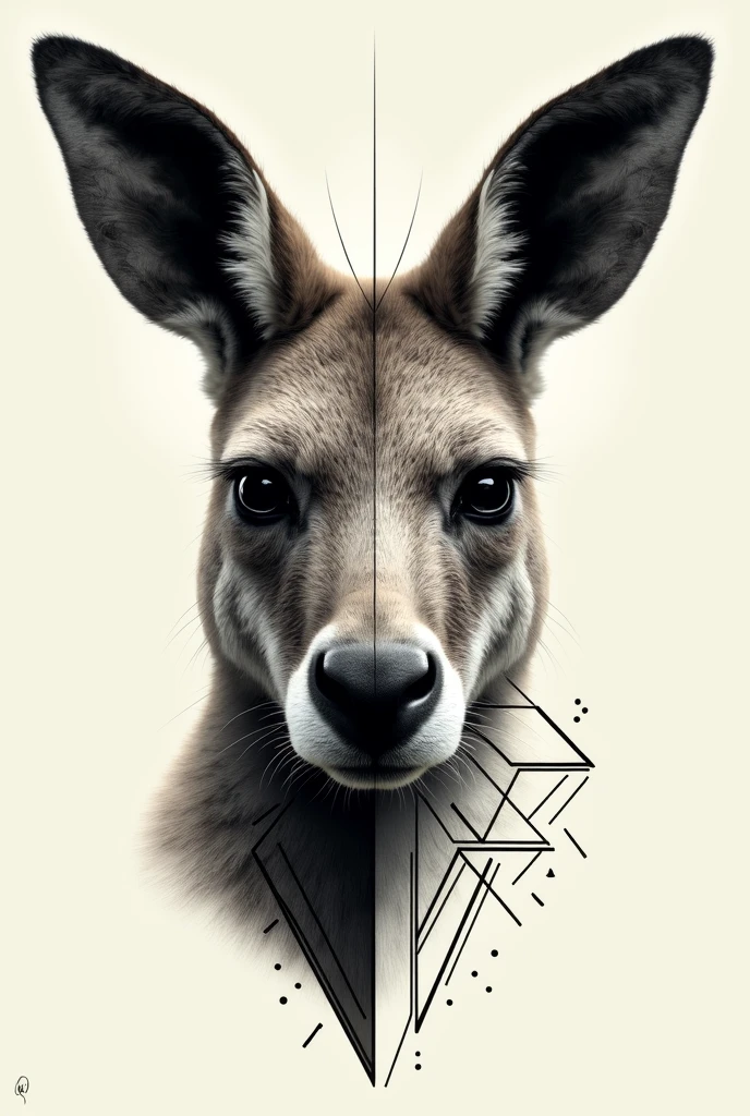 The face of a kangaroo divided in half where the left half of the face is realistic and the right half of the kangaroo's face is made only with geometric lines for tattooing