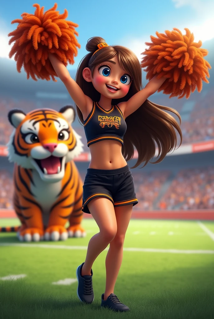 Bengals cheerleader Child named Grace with brown hair blue eyes on football field with tiger
Black & orange outfit with black shoes & no socks
Pompoms