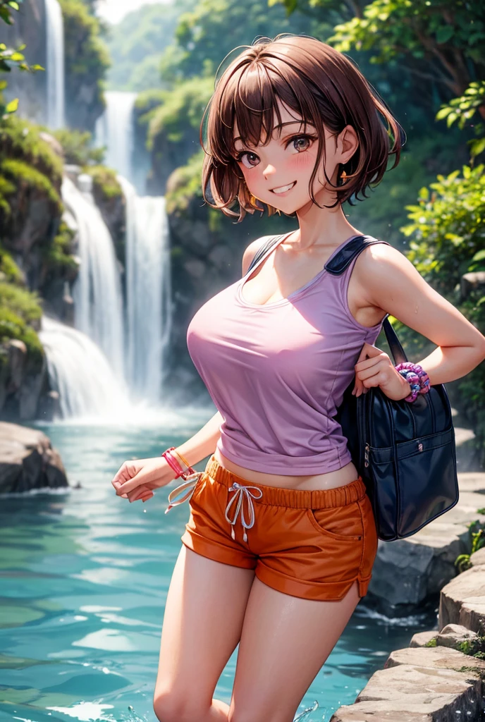 isabelmoner-smf, dora, 1girl, solo, photo background, shorts, purple backpack, smile, bag, pink tank top, deep cleavage, brown hair, shoes, socks, sneakers, looking at viewer, outdoors, standing, grin, day, hands on hips, jewelry, brown eyes, bracelet, short shorts, bangs, short hair, nature, blurry, white footwear, medium hair, blurry background, orange shorts, bimbo huge breasts, wet clothes, splashing under sunny waterfall