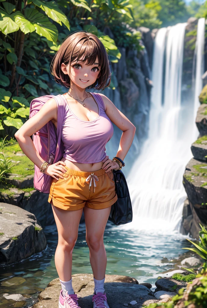 isabelmoner-smf, dora, 1girl, solo, photo background, shorts, purple backpack, smile, bag, pink tank top, deep cleavage, brown hair, shoes, socks, sneakers, looking at viewer, outdoors, standing, grin, day, hands on hips, jewelry, brown eyes, bracelet, short shorts, bangs, short hair, nature, blurry, white footwear, medium hair, blurry background, orange shorts, bimbo huge breasts, wet clothes, splashing under sunny waterfall