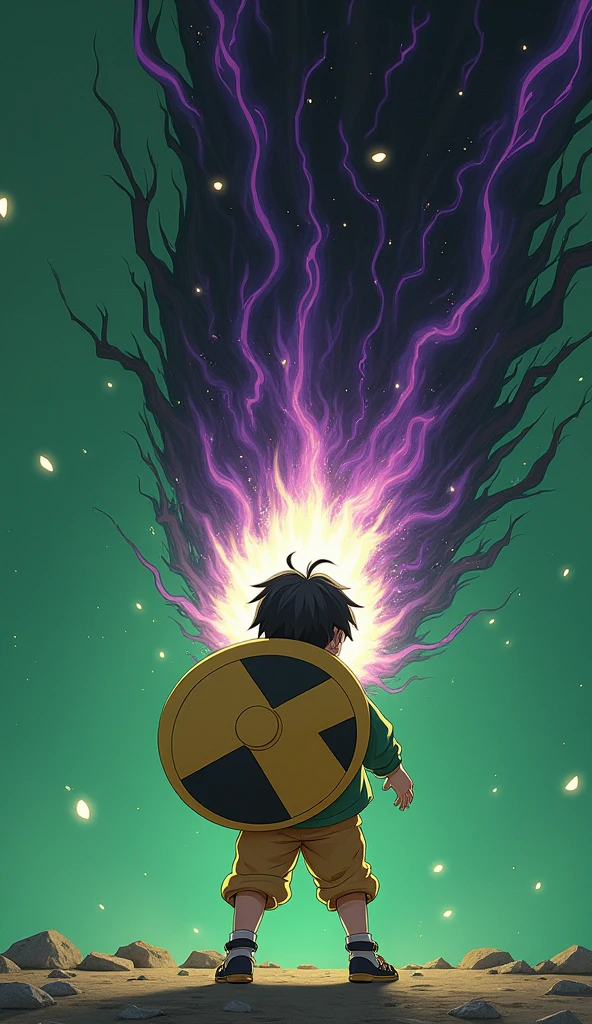 A young boy, around , named Kitaro from Gegege no Kitaro, is standing against a greenscreen background, facing a powerful blast of dark energy. He is in a defensive stance, using his signature black and yellow striped chanchanko as a shield against the dark energy. The chanchanko is glowing with a bright, protective light, deflecting the dark energy away from his body. The dark energy is a swirling mass of dark purple and black, with tendrils of dark energy reaching towards him. Kitaro's expression is determined and focused as he maintains his defensive posture. Photorealistic, 8K, detailed, dynamic lighting, action shot.