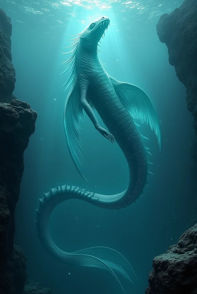 Cetus beast from Greek mythology, It is 20 meters long and translucent turquoise blue in color., no arms and legs, only fins, looks like a snake and a dragon, is underwater, with rock platforms
