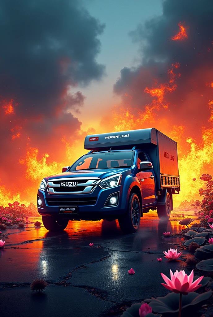 Isuzu pickup truck poster decorated with a closed box for delivering parcels with the words &quot;President James&quot; written on it. I want it to be even cooler. There are flames, lotus flowers, and gear wheels. I want the name to be clear.