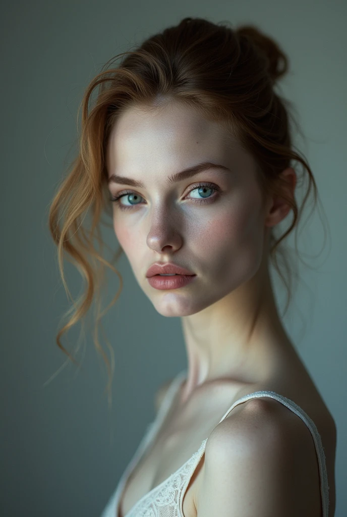 Pale white-skinned Russian female model with a piercing gaze and defined facial features is being photographed in the studio against a minimalist background.. full body