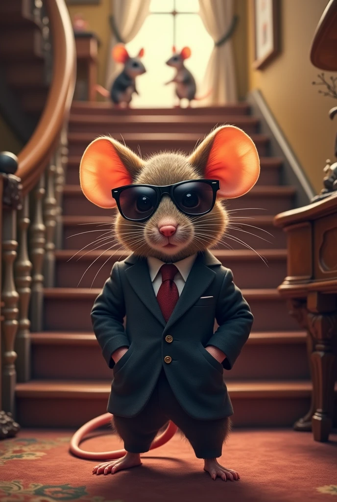 Create a photo with a charming mouse that wears a suit and a black sunglass standing in front of stairs in a house and in the background should have some mouses walking around add some colorful effects 