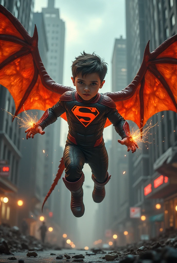 Superhero boy with dragon wings fighting crime
