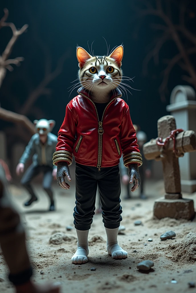 Cat dressed as Michael Jackson's Thriller。Zombies are emerging from a graveyard on the moon。