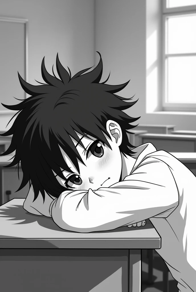 Black and white 2d anime teenager sleeping in classroom with hair sticking up