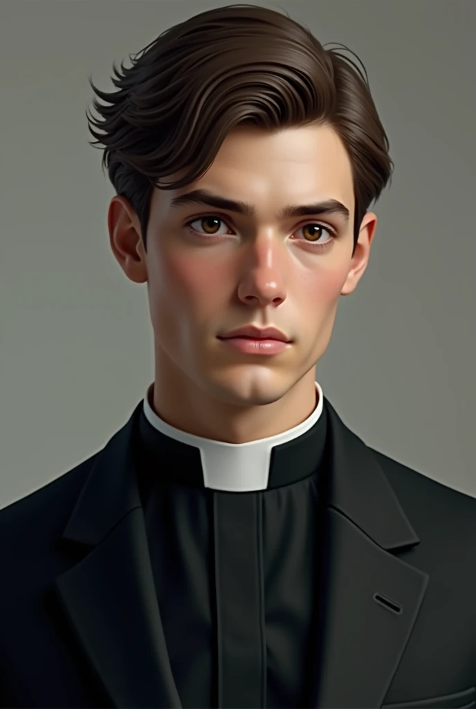 a young man of about twenty-five years old, Brown hair, Brown eyes, Tez blanca, with a black suit and a realistic priest's collar