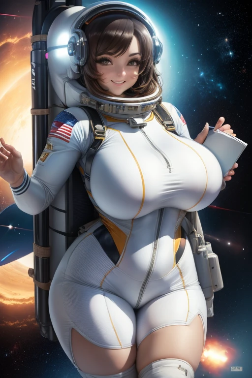 astronaut, sexy pose, big breasts, curvy, smile, tight-fitting spacesuit, astronaut helmet, jetpack