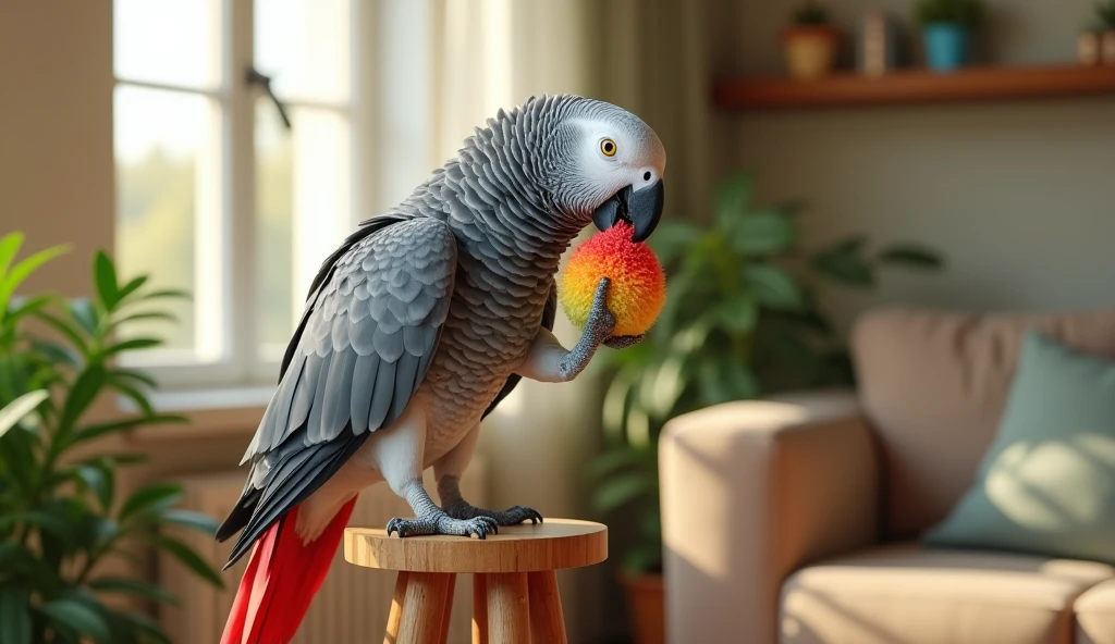 A realistic depiction of an elderly African Grey parrot perched on a wooden stand, with its once vibrant feathers now faded to lighter shades, particularly the tail feathers which have become pale red. The parrot, despite its age, interacts playfully with a colorful toy. The scene is set in a bright, cheerful living space, with natural light accentuating the subtle fading and aging of the parrot’s feathersPhotorealistic, 8K, (best quality, 4K, 8K, high resolution