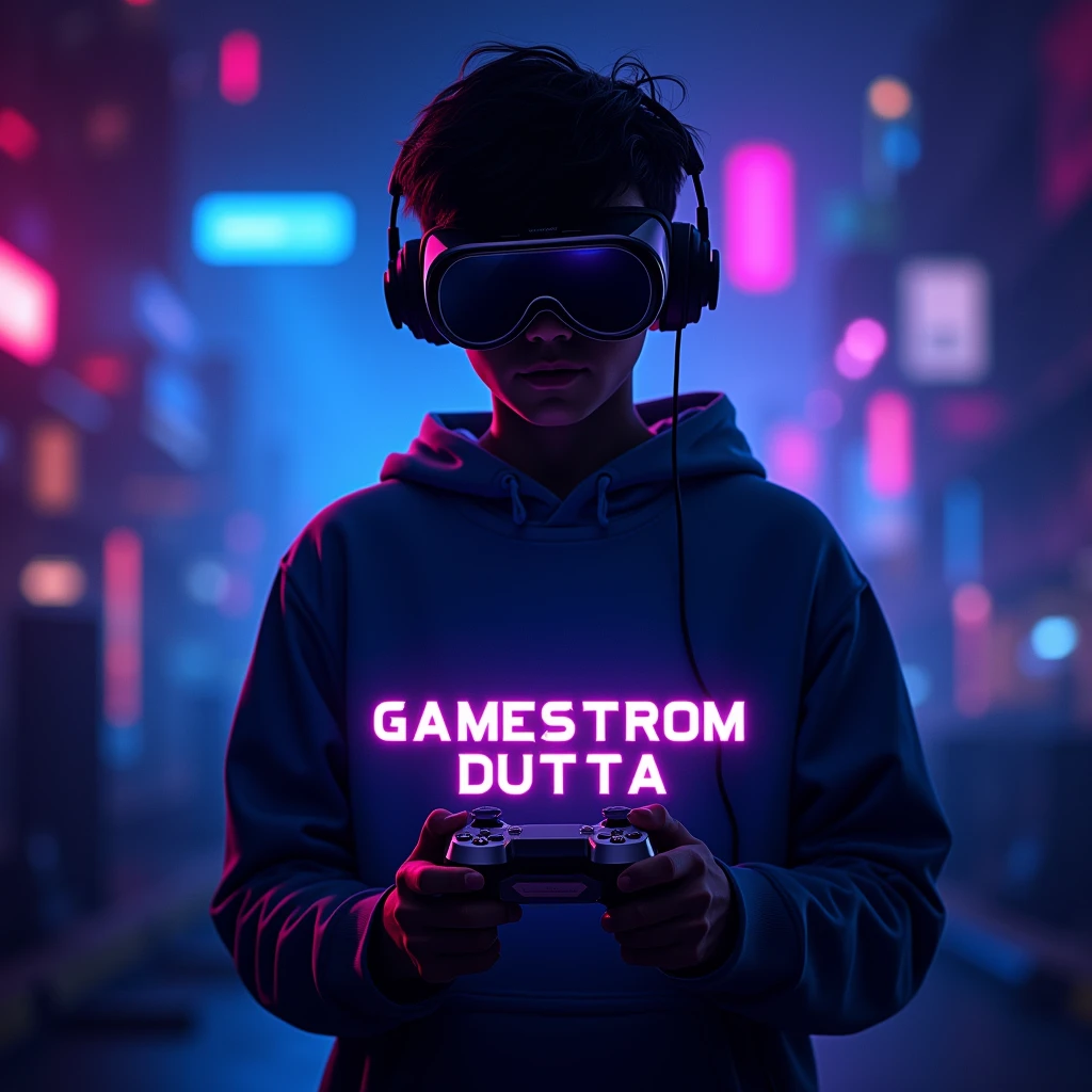 Design a vibrant YouTube profile photo for a gaming channel. The image should feature a dynamic background with dark blues and neon purples, evoking a futuristic gaming world. At the center, include the silhouette of a 20-year-old boy wearing round-shaped goggles, holding a gaming controller, with his face hidden in shadows. The figure should emit a glowing electric energy. Incorporate the name 'Gamestrom Dutta' in bold, metallic, futuristic font with a neon glow effect. The overall design should be sharp, modern, and energetic, reflecting the excitement of gaming