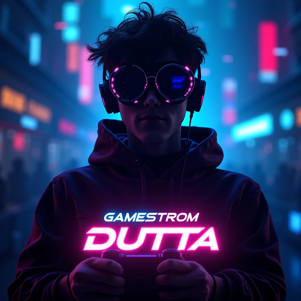 Design a vibrant YouTube profile photo for a gaming channel. The image should feature a dynamic background with dark blues and neon purples, evoking a futuristic gaming world. At the center, include the silhouette of a 20-year-old boy wearing round-shaped goggles, holding a gaming controller, with his face hidden in shadows. The figure should emit a glowing electric energy. Incorporate the name 'Gamestrom Dutta' in bold, metallic, futuristic font with a neon glow effect. The overall design should be sharp, modern, and energetic, reflecting the excitement of gaming