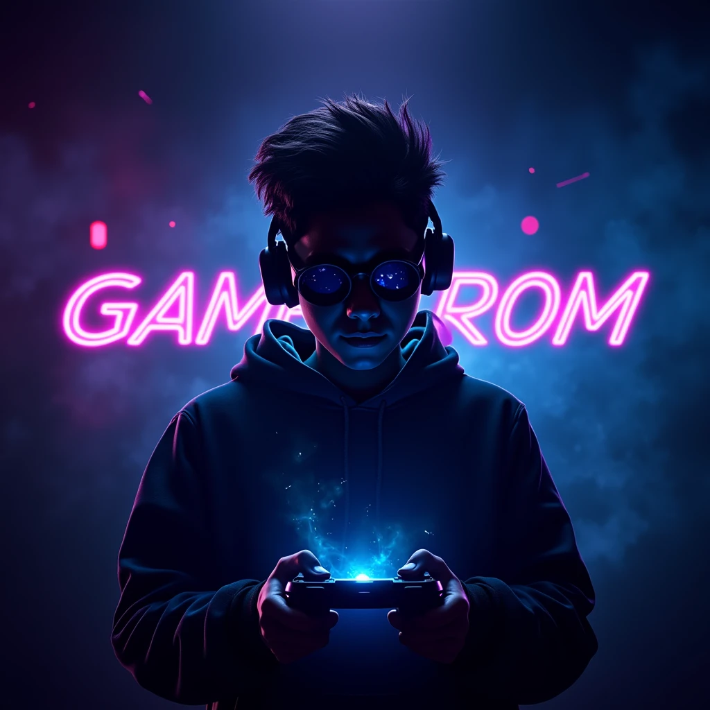 Design a vibrant YouTube profile photo for a gaming channel. The image should feature a dynamic background with dark blues and neon purples, evoking a futuristic gaming world. At the center, include the silhouette of a 20-year-old boy wearing round-shaped goggles, holding a gaming controller, with his face hidden in shadows. The figure should emit a glowing electric energy. Incorporate the name 'Gamestrom Dutta' in bold, metallic, futuristic font with a neon glow effect. The overall design should be sharp, modern, and energetic, reflecting the excitement of gaming