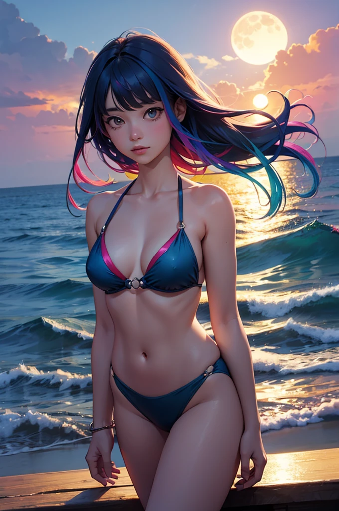 Girl with rainbow-colored hair, upper body, sunset, full moon, sea