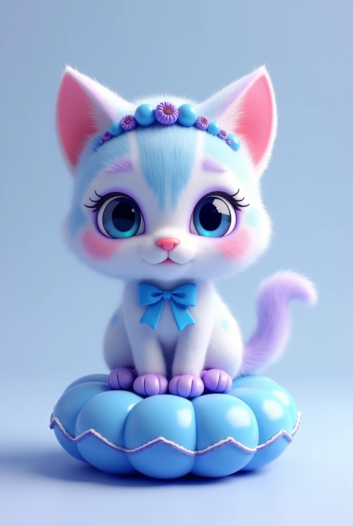 A C4D model, a chibi-style cat with light blue and lavender , inspired by blueberry-flavored candy. The cat has deep blue eyes and wears a blueberry-themed headband with small, decorative blueberries on each side. Its tail is adorned with a small blue bow, and its paws are tipped with lavender. The cat sits on a cushion shaped like a blueberry candy, with tiny blue shoes completing the look.