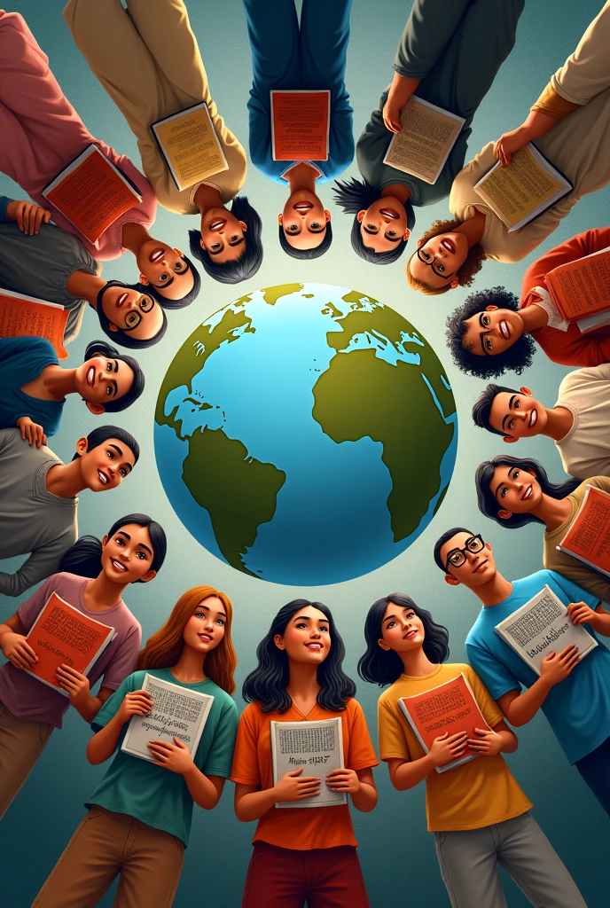 A group of diverse individuals standing in a circle, each person holding a book or scroll with text written in their native language. In the center of the circle is a globe, representing the world, and the people are connected by lines of text flowing between them, symbolizing communication and unity. Around the scene, landmarks or symbols unique to different countries can represent the cultural richness that language brings to a nation. specifically the Philippines and put some jeepney in the background 