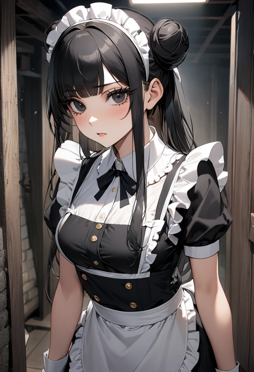 ((best quality)), ((Masterpiece)), (details), Young woman, (Medium bust, black hair, black eyes, ((long hair, buns)) ,(Bangs),Hip fart,Long eyelashes,Thick eyelashes) , Maid outfit, Housewife headband, Basement, dark atmosphere