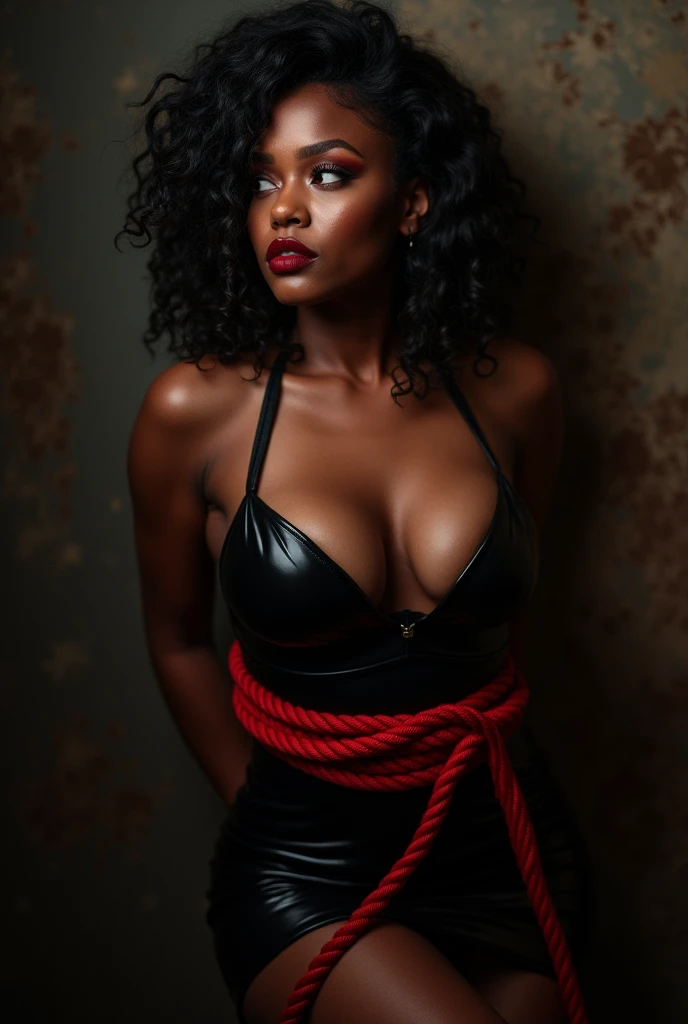 A sexy black women with a big boobs which warring a black latex dress and her body tied up by a red bend included her hand behind her back