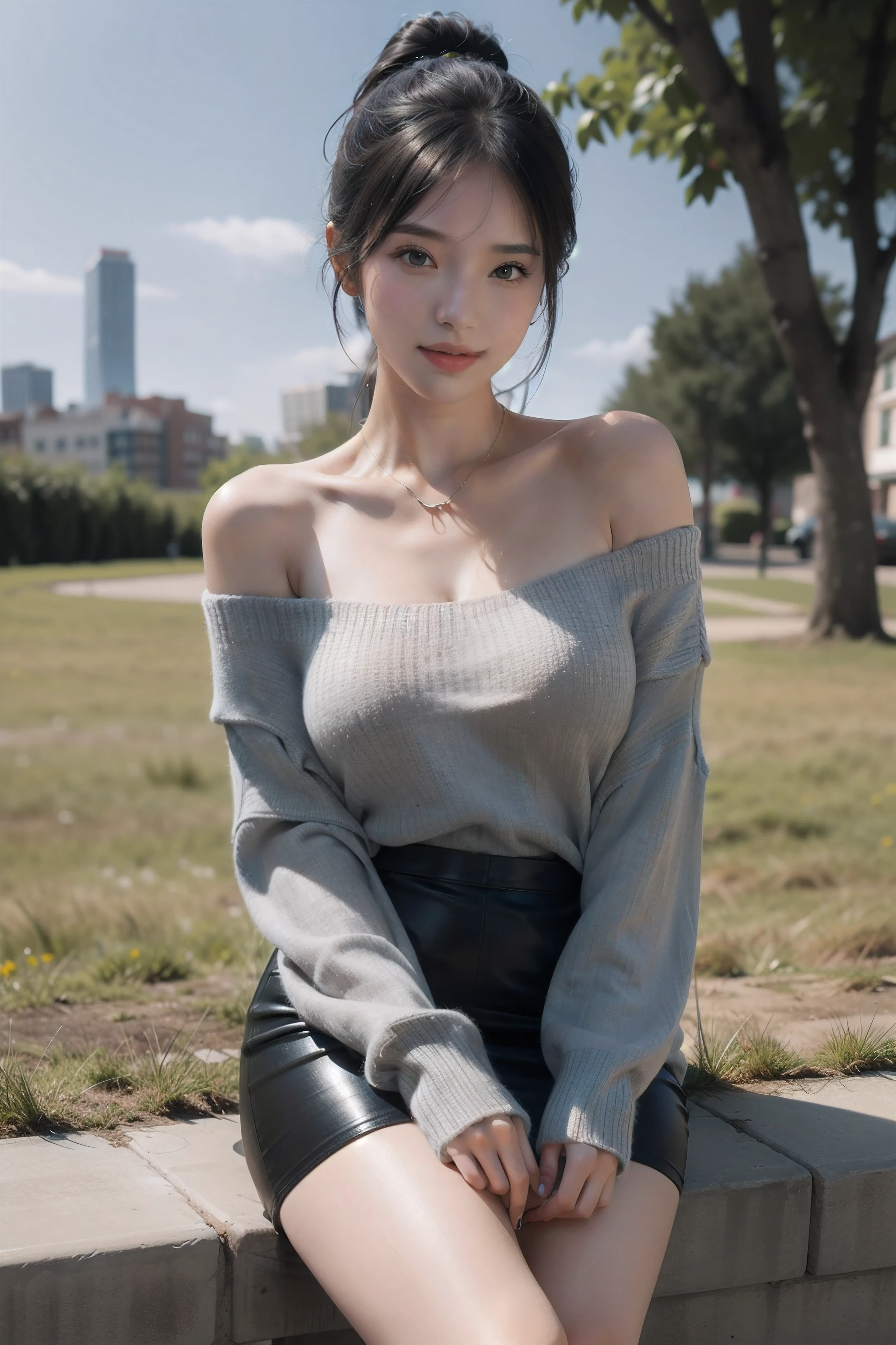 A digital illustration in anime style of a girl standing in a grassy field. She has long black hair styled in a ponytail and blue eyes. She is wearing an off-shoulder white sweater, a satin black pencil skirt, black high heels, and a delicate necklace. The image should be ultra-realistic and high resolution (8K), with a clear and sharp depiction. The girl is smiling, with beautifully structured features and stunning legs, looking directly at the viewer. The content should be highly detailed, with an exquisite and sublimely beautiful presentation. The background should include a cityscape, adding to the overall masterpiece quality of the illustration.