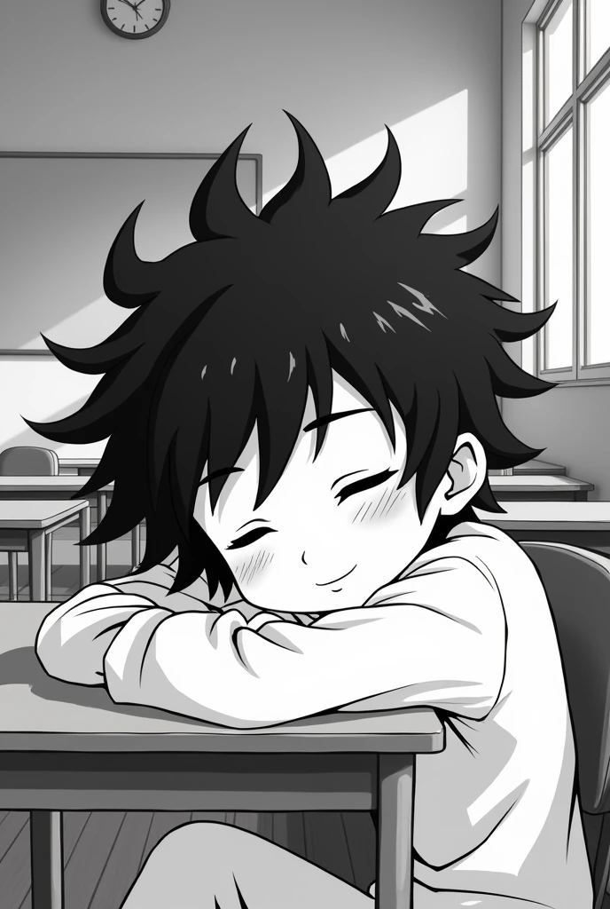 Black and white 2d anime teenager sleeping in classroom with hair sticking up