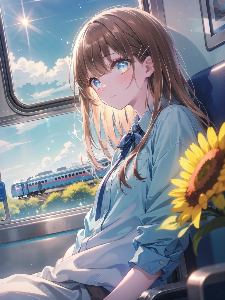 ((8k, highest quality, masterpiece: 1.3)), ultra-high resolution, (one girl, alone), (color-changing eyes, super detailed, expressive glow, sparkling, shining eyes), highly detailed eyes, highly detailed face, (eyes off-center: 1.4), medium-long hair, (long stray hair: 1.3), blunt bangs, ((hair color, dark brown)), simple hairpin, tightly closed mouth, sky blue shirt, white skin, front angle, upper body fits into illustration, (gesture of fixing bangs), (blue sky, sunny day: 1.1), sitting in a seat inside a train, ((front angle))