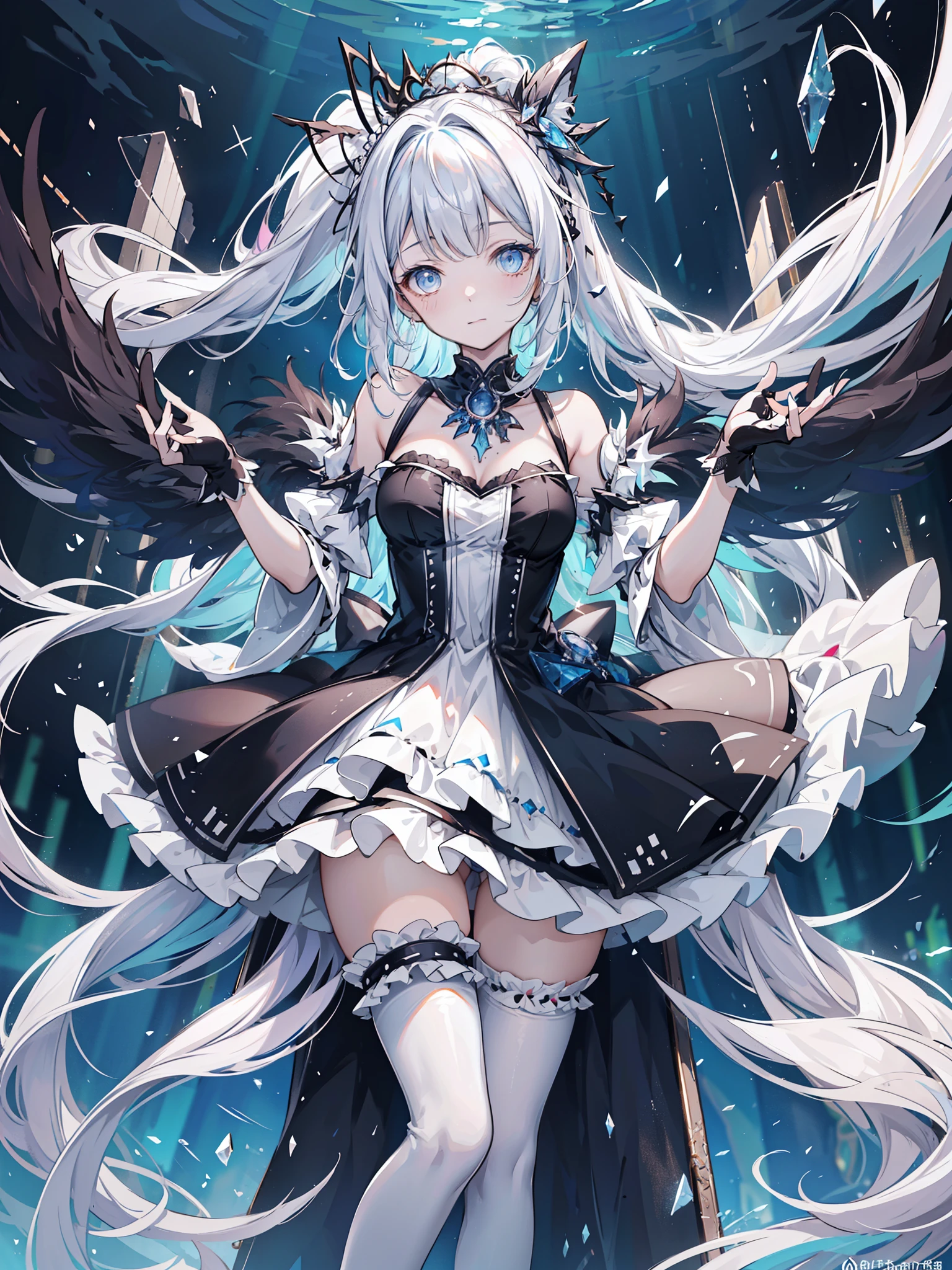 Highest quality,masterpiece,The ultimate solution,fluffy,Very colorful,colorful,Perfect body,black and white double ponytail,Data dress, White stockings long legs,Muffin Shoes,Face close-up,In the deep sea environment,Immerse in water