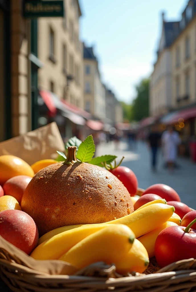 publication pour les réseaux sociaux comportant un paysage avec un monument connu sur Angers en fond, légèrement flouté et en couleurs de jour. En premier plan mettre en avant des produits alimentaires d'épicerie fine