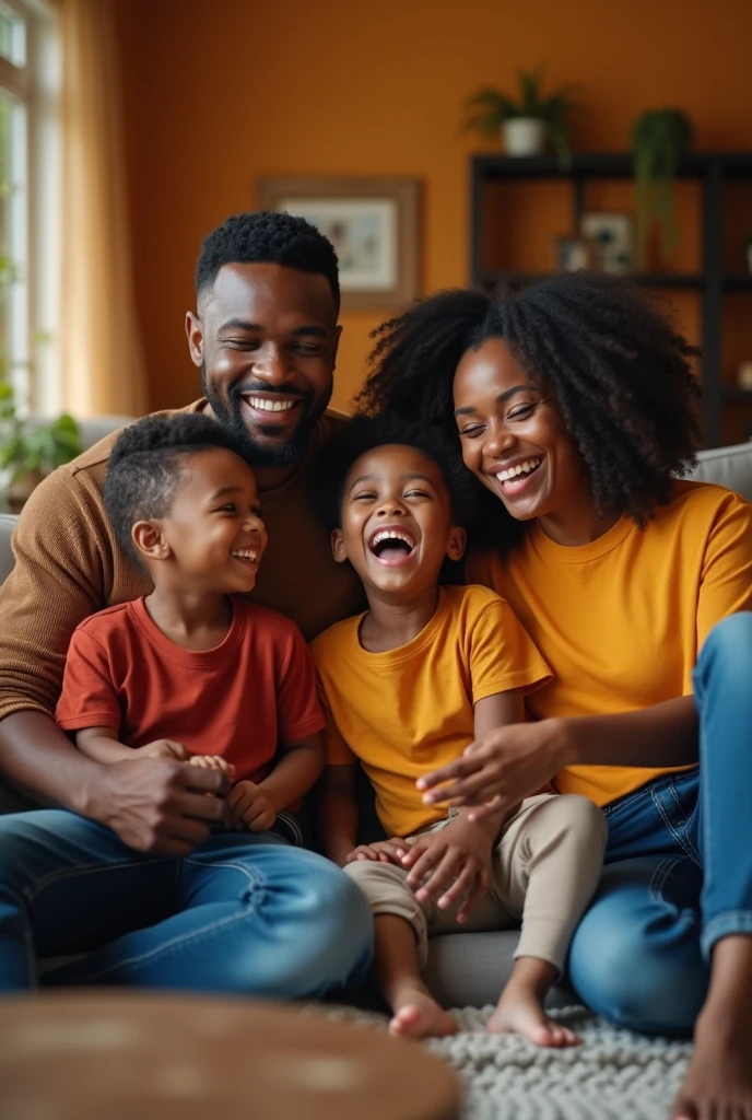 Create a highly realistic image of a joyful black family inside a modern living room. The family consists of a father, mother, and three children (two boys and one girl). The children are wearing t-shirts in burnt orange and mustard yellow, and they are playing and laughing together. The parents, dressed in brown, red, and black shirts, are sitting on the couch, smiling warmly as they watch their children. The living room should have a cozy and inviting atmosphere, decorated in warm tones like deep oranges, warm yellows, and earthy browns. Ensure the scene reflects happiness and harmony, with the family enjoying their time together in a well-designed, modern home