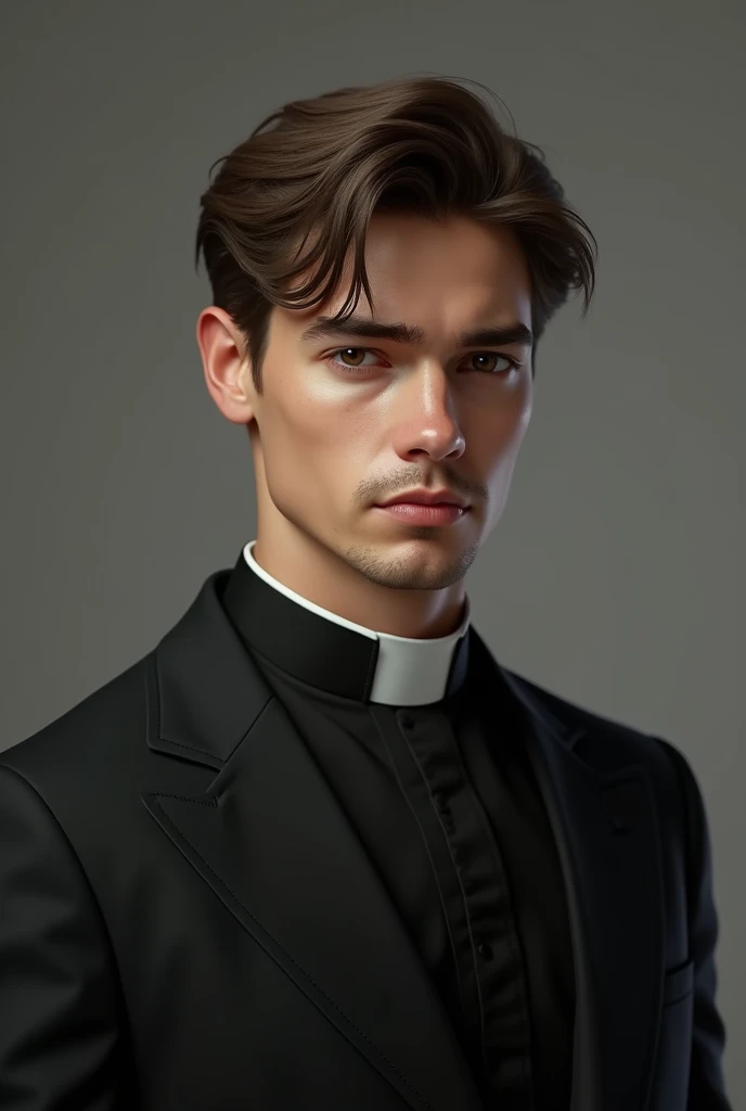 a young man of about twenty-five years old, Brown hair, Brown eyes, Tez blanca, with a black suit and a realistic priest's collar