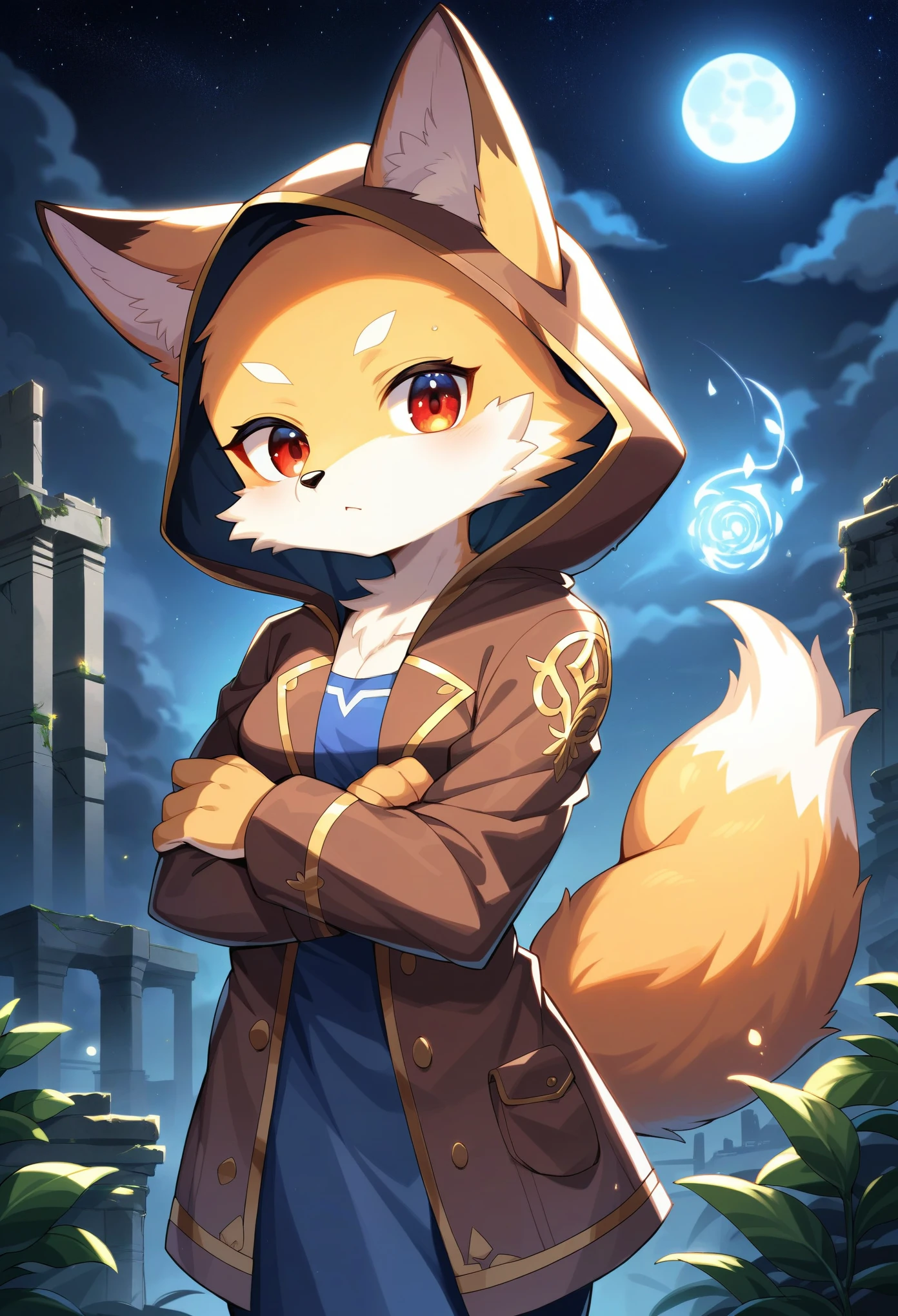 rating_safe, score_9, score_8_up, score_7_up, score_6_up, score_5_up, score_4_up, hires, highres, source_furry, cover page(kemono, furry anthro, boys, girls, fox, Golden fur, Golden yellow face fur, Red eyes, Brown elements on fur, Brown coat brown hood up)Plant elements in ruins, lichen, There is no other life, Night, starry sky, Vast landscape, moon full, meteors, Star cloud, Warm light source, Rained, wet clothes, overcast sky, Beautiful lights and shadows, Ambient light, Volumetric lighting, Dynamic configuration, Highly detailed and colorful details, luminous lighting, Atmospheric lighting, dream magical, magic, Glowing light,