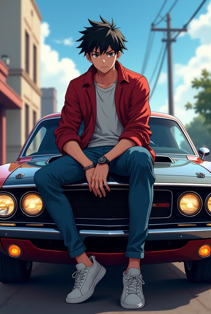 Anime boy black hair sitting on car in a cool way and car from fast and furious 1 dodge challenger