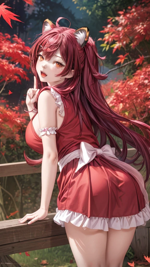 red maple tree.Falling red maple leaves,A lovely and charming girl,Pink long hair shawl,cat ear,Big breasts,Wearing a red lolita skirt,bend over,Victory gesture,Lips slightly open, Showing tiger teeth，Image fill, movie lighting effects, 