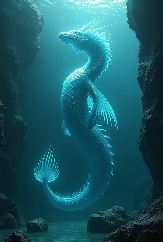 Cetus beast from Greek mythology, It is 20 meters long and translucent turquoise blue in color., no arms and legs, only fins, looks like a snake and a dragon, is underwater, with rock platforms
