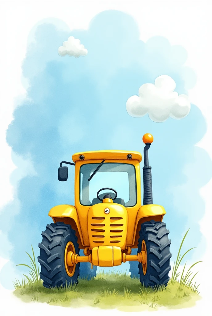 yellow watercolor tractor with blue watercolor background and clouds like painting facing baby side