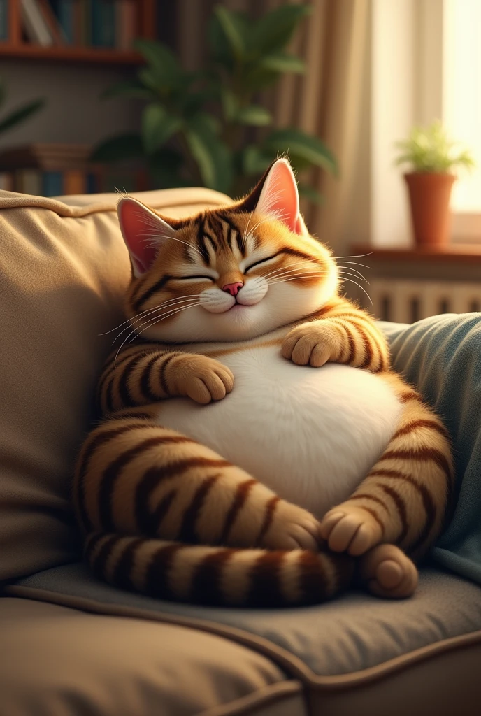 A fat cat is sleeping on the sofa