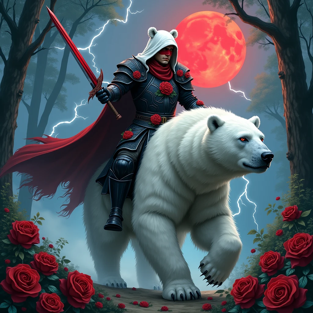 Male knight with a white hood with bear ears wielding a red double-edge sword is riding a polar bear in a forest while the moon shines, many Roses cover the ground and lightning falls from the sky. The polar bear has black eyes and an aggressive appearance. Only the man wears a red blindfold. In the background of the picture is the blood moon. The forest is full of trees with leaves. The armor of the man is black woth red roses on it.
