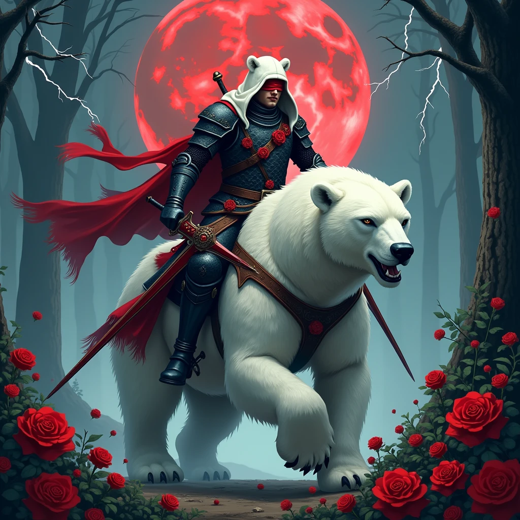 Male knight with a white hood with bear ears wielding a red double-edge sword is riding a polar bear in a forest while the moon shines, many Roses cover the ground and lightning falls from the sky. The polar bear has black eyes and an aggressive appearance. Only the man wears a red blindfold. In the background of the picture is the blood moon. The forest is full of trees with leaves. The armor of the man is black woth red roses on it.