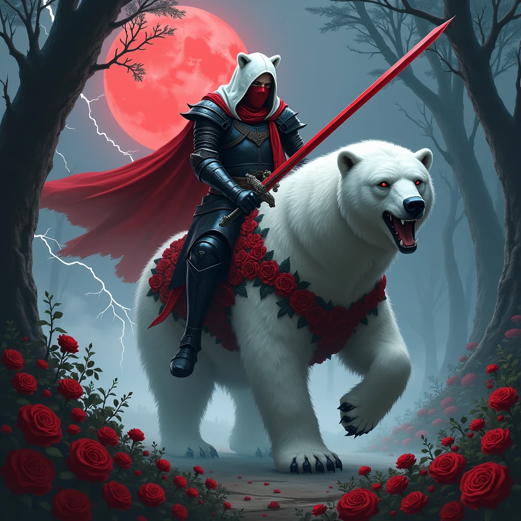 Male knight with a white hood with bear ears wielding a red double-edge sword is riding a polar bear in a forest while the moon shines, many Roses cover the ground and lightning falls from the sky. The polar bear has black eyes and an aggressive appearance. Only the man wears a red blindfold. In the background of the picture is the blood moon. The forest is full of trees with leaves. The armor of the man is black woth red roses on it.