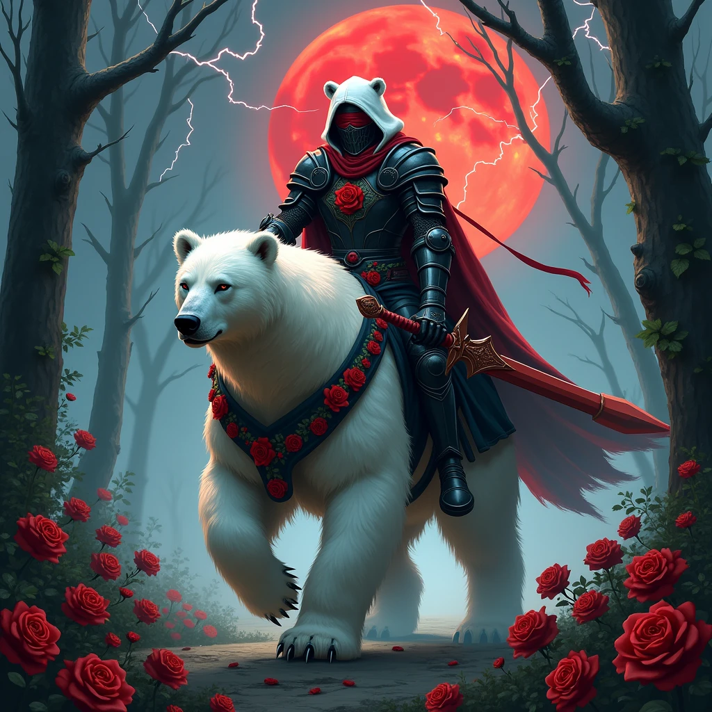 Male knight with a white hood with bear ears wielding a red double-edge sword is riding a polar bear in a forest while the moon shines, many Roses cover the ground and lightning falls from the sky. The polar bear has black eyes and an aggressive appearance. Only the man wears a red blindfold. In the background of the picture is the blood moon. The forest is full of trees with leaves. The armor of the man is black woth red roses on it.