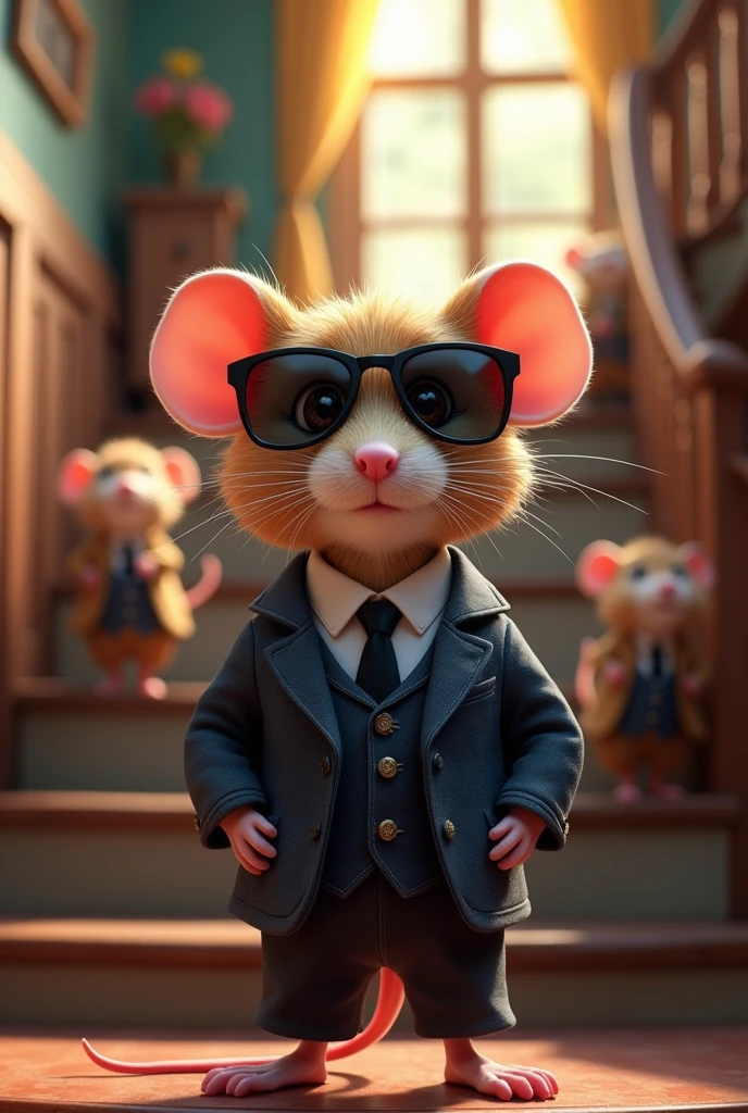 Create a photo with a charming mouse that wears a suit and a black sunglass standing in front of stairs in a house and in the background should have some mouses walking around add some colorful effects don’t include furniture