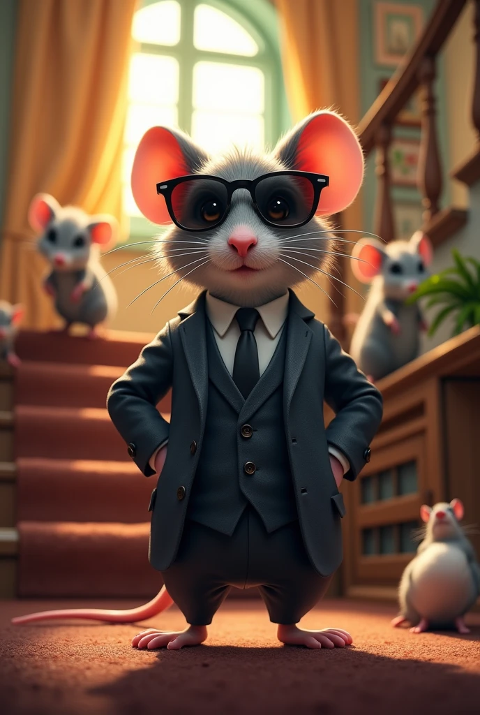Create a photo with a charming mouse that wears a suit and a black sunglass standing in front of stairs in a house and in the background should have some mouses walking around add some colorful effects don’t include furniture