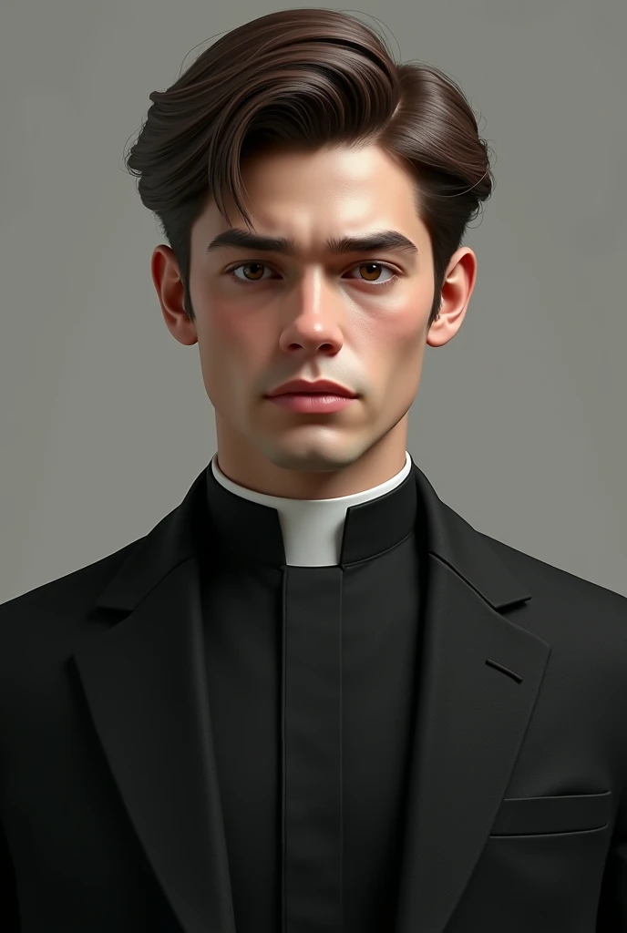 a young man of about twenty-five years old, Brown hair, Brown eyes, Tez blanca, with a black suit and a realistic priest&#39;s collar