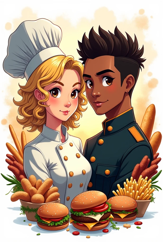 Create me an image that represents my restaurant, where the female chef with curly blonde hair and brown eyes is next to a black-skinned man who is a soldier and both surrounded by food, with a white background and it is animated like anime graffiti and it is for the logo of my restaurant that does not have letters. Try not to make it full body, only the faces surrounded by fast food 