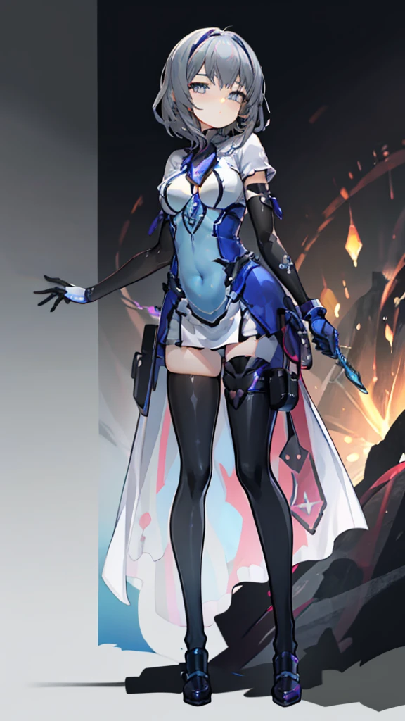 ((full body)), Girls in Anime, Blue and grey metal armor, Blue hand and thigh accessories, Short dark blue-gray hair, hair accessory, Grey Eyes, Silver earrings, nose, Curious, Healthy Skin, Very dirty, head, shoulder, Small box, arms, Have a map, Narrow waist, feet, Medium thighs, Has black robotic legs, cute, Bright colors on the shirt, Futuristic marble white palace, Shining light in the sky, Stand next to a wall, Cinematic Light, High resolution, Highest quality, Super detailed, Detailed face, (Detailed eyes), Highest quality, Super detailed, masterpiece, (Detailed face), Beautiful face, feetを見せて, short hair