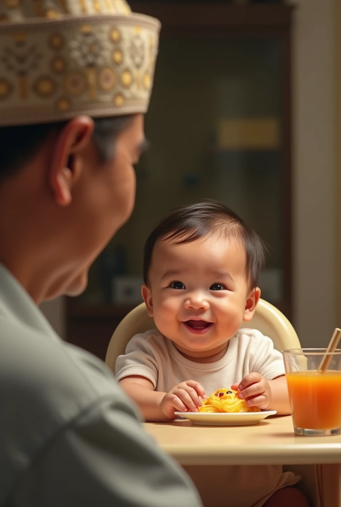 an indonesian  celebrating her 6 monttting in a baby chair receiving her first solid meal. the baby is quite haiLook happy and delightful. Beside him a man of 70 years old, a little bit fat, clean shaved.  The man wearing a peci. Photo realistic UHD image