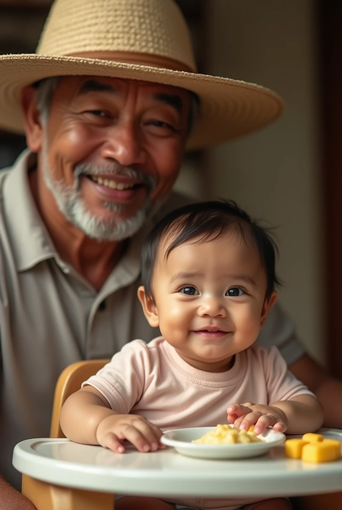 an indonesian baby celebrating her 6 month old age, sitting in a baby chair receiving her first solid meal. the baby is quite hairy. Look happy and delightful. Beside him a man of 70 years old, a little bit fat, clean shaved. The man wearing a peci. Photo realistic UHD image