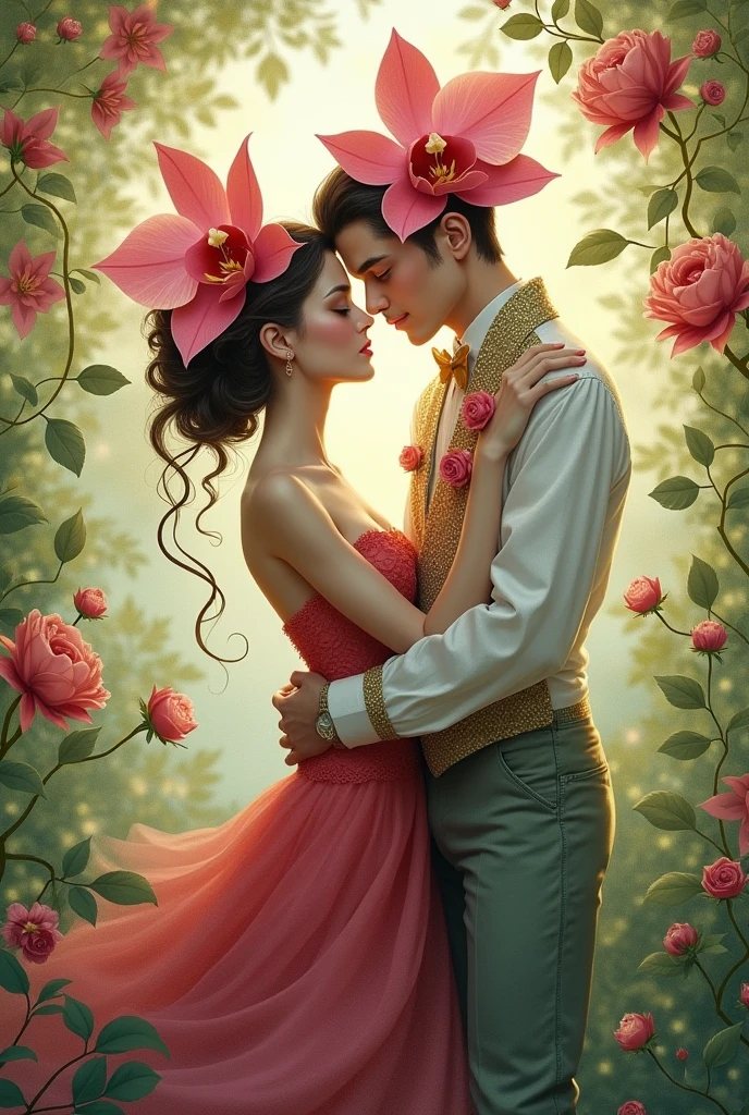 Create an art of a rose dating an orchid