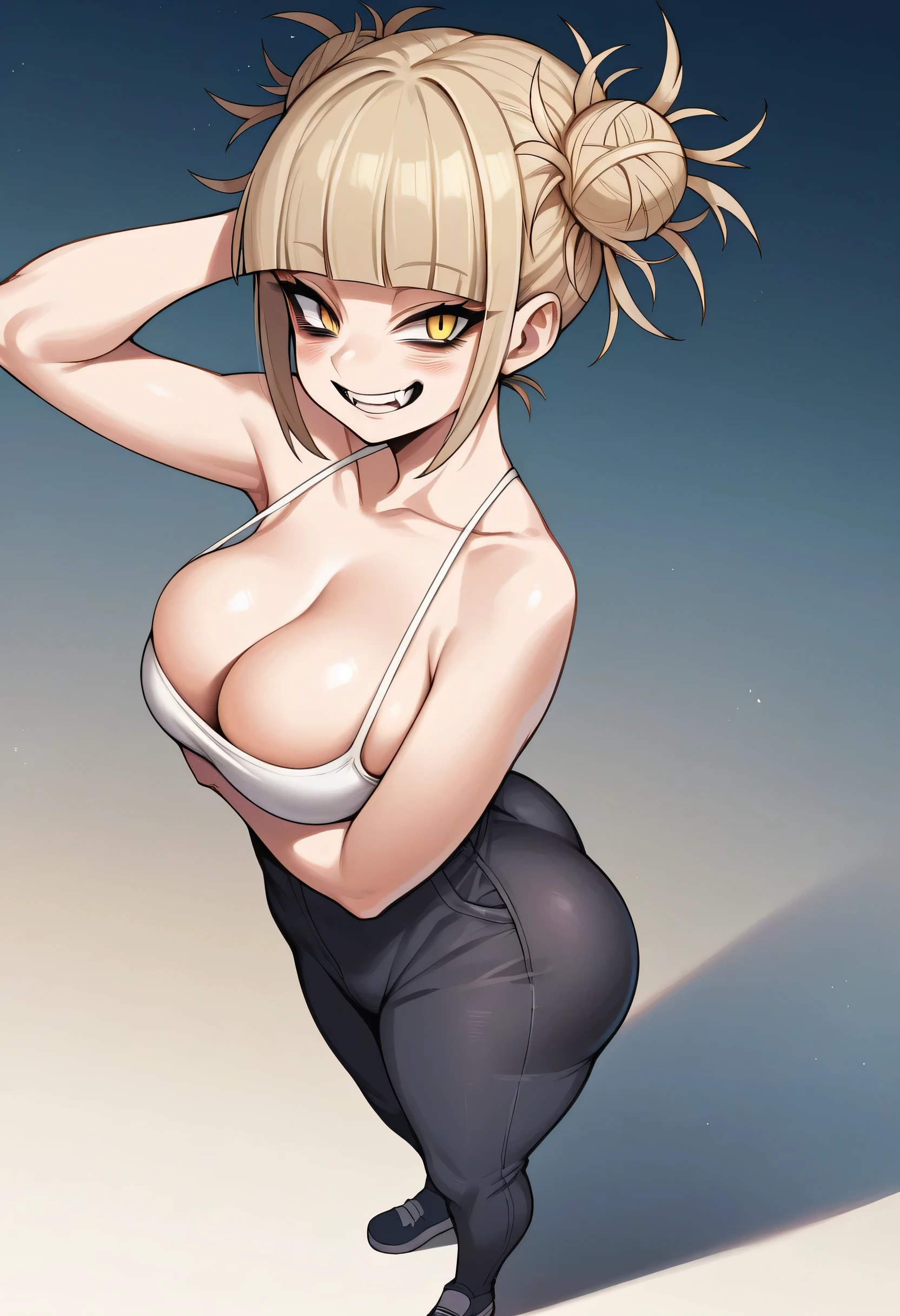 source_anime, best quality, clear face, Toga Himiko,  blonde hair, yellow eyes, short hair, large breasts, perfect body, looking at viewer, smile, A woman in a panda costume posing for a photo, in the city ​​at night, standing, dynamic angle, from behind view, big ass ,seductive anime girl, sfw version.
