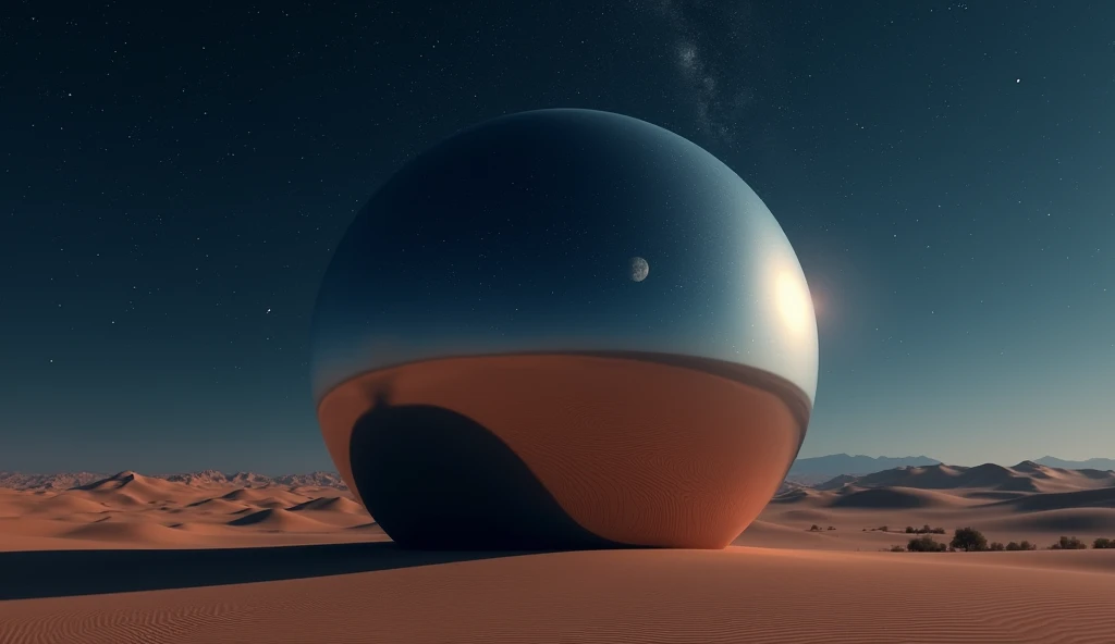 a massive mirror smooth sphere rest on the desert floor at night. photo realistic, light from the front